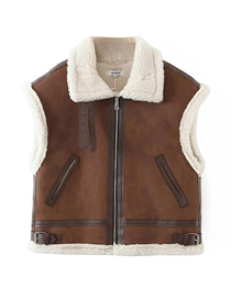 Fashion Brown Suede Lambskin Lapel Zip Jacket