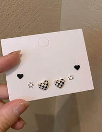 Fashion Gold Alloy Checkerboard Heart Pentagram Stud Earrings Set