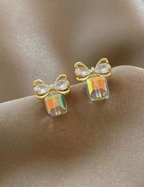 Fashion Gold Geometric Square Crystal Bow Stud Earrings