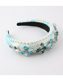 Fashion Sky Blue Fabric-studded Pearl-studded Flower Wide-brimmed Headband