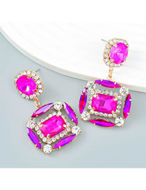 Fashion Rose Red Alloy Diamond Square Stud Earrings
