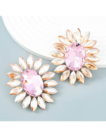 Fashion Pink Alloy Set Oval Glass Diamond Stud Earrings