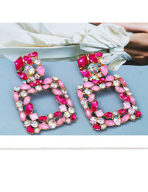 Fashion Pink Alloy Diamond Square Stud Earrings