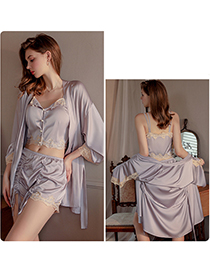 Fashion 2065 Taro Purple (robe + Belt) Polyester Lace Panel Tie Robe