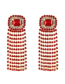 Fashion Red Alloy Diamond Square Tassel Stud Earrings