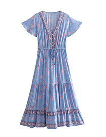 Fashion Blue Rayon Print Fly-sleeve Dress