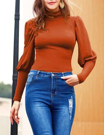 Fashion Brick Red Polyester Turtleneck Long Sleeve Top