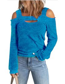 Fashion Blue Cotton Knit Cutout One-shoulder Top