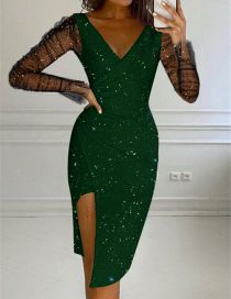 Fashion Dark Green Sequin V-neck Mesh Dress