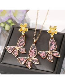 Fashion Pink Butterfly Suit Alloy Floral Butterfly Flower Stud Necklace Set