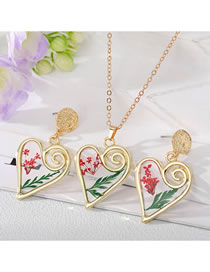 Fashion Red Flower Set Alloy Dried Flower Heart Stud Necklace Set