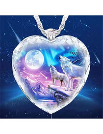 Fashion Silver Geometric Love Crystal Double Wolf Planet Necklace