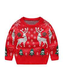 Fashion 3 Red Polyester Elk Knit Crewneck Sweater