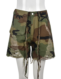 Fashion Camouflage High Waist Camo Washed Hole Fringe Shorts