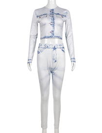 Fashion White Printed Long-sleeved Top And Trousers Two-piece Set