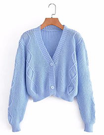 Fashion Blue Knit V-neck Cardigan With Buttons