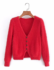 Fashion Red V-neck Cardigan With Mohair Buttons
