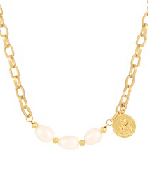 Fashion Gold-2 Bronze Figure Pearl Chain Necklace