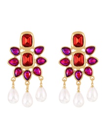 Fashion Red Alloy Diamond Drop Pearl Tassel Stud Earrings