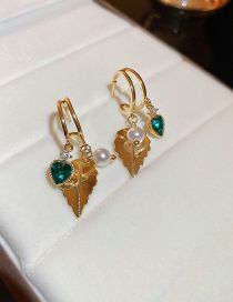 Fashion Silver Needle - Gold Metal Diamond Heart Leaf Pearl Earrings