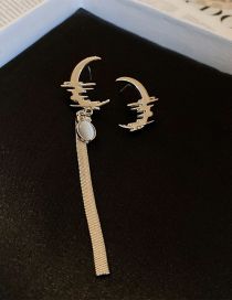 Fashion Silver Metal Moon Fringe Asymmetric Stud Earrings