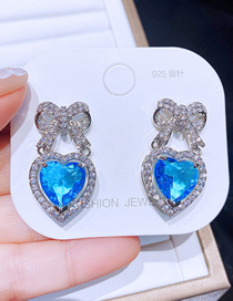 Fashion Sapphire Blue Brass Heart Diamond Bow Stud Earrings
