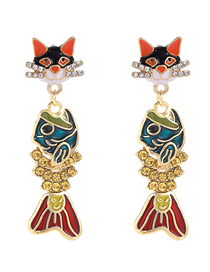 Fashion Cat Head Alloy Diamond Drop Oil Cat Fish Stud Earrings