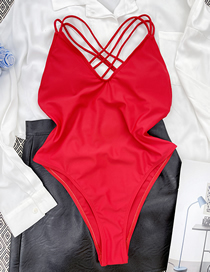 Fashion Red Nylon Back Cross V-neck One Piece Swimsuit