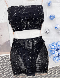 Fashion Black Nylon Diamond-studded Tube Top Split Swimsuit