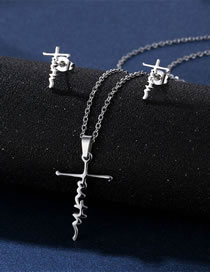 Fashion Silver Stainless Steel Glossy Cross Necklace Stud Earrings Set