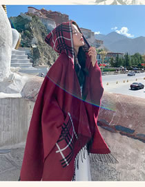 Fashion Wine Red Polyester Check Panel Hooded Fringe Shawl