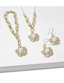 Fashion Gold Alloy Diamond And Pearl Flower Earrings Bracelet Necklace Set