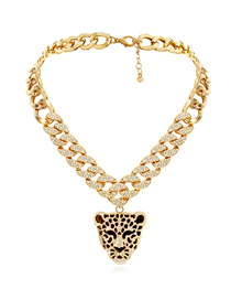 Fashion Gold Alloy Diamond Leopard Head Cuban Chain Necklace