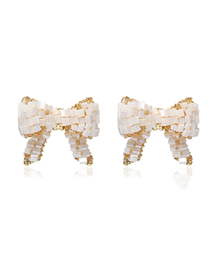 Fashion Creamy-white Geometric Crystal Bow Stud Earrings