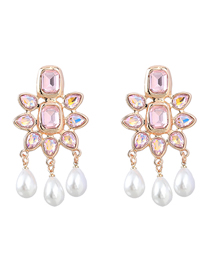 Fashion Pink Alloy Diamond Geometric Pearl Tassel Drop Earrings