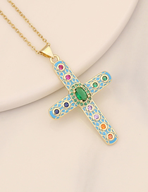 Fashion 8# Blue Bronze Diamond Drop Oil Cross Necklace