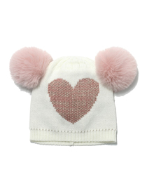 Fashion White Heart Knit Double Fur Ball Cap