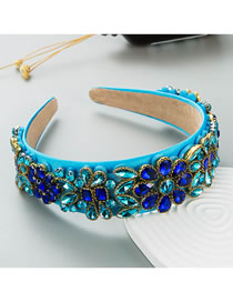 Fashion Blue Fabric Diamond-studded Flower Wide-brimmed Headband