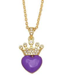 Fashion Purple Brass And Diamond Crown Drop Oil Love Necklace