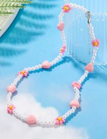 Fashion Pink Rice Beaded Beaded Braided Heart Flower Necklace