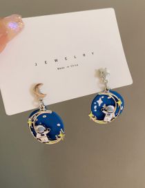 Fashion A Pair Of S925 Silver Needle Astronaut Earrings Alloy Drop Oil Astronaut Moon Stud Earrings