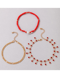 Fashion Red Alloy Diamond Tassel Beaded Chain Multilayer Anklet