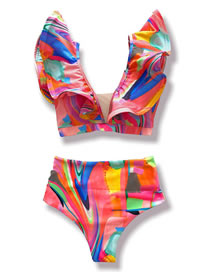 Fashion Color Bloom Polyester Mesh Ruffle Deep V Print Split Swimsuit