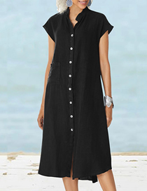 Fashion Black Woven Stand Collar Single-breasted Pocket Dress