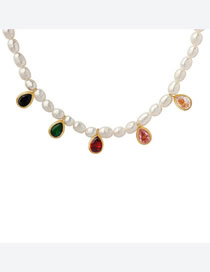 Fashion Gold Titanium Steel Pearl Beaded Drop Diamond Necklace