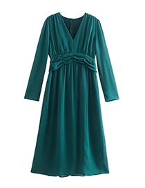 Fashion Green V-neck Pleated Waist Long-sleeve Dress