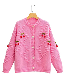 Fashion Pink Knit Cherry Crew Neck Button-down Cardigan
