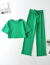 Fashion Green Solid Color Crew Neck Short Sleeve Lace-up Straight Pants Set