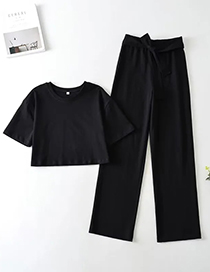 Fashion Black Solid Color Crew Neck Short Sleeve Lace-up Straight Pants Set
