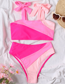 Fashion Pink Nylon Colorblock Tie High Waist Split Swimsuit